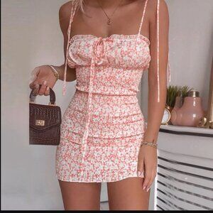 Sexy smocked shirring dress strap tie shoulder summer beach coverup S